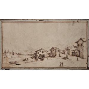 Attribué à Israël Silvestre 1621-1691. Vue de village au bord d'un fleuve. Encadré.