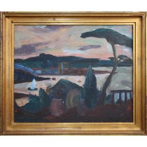 Ecole française du XXè. Vue d'un lac au crépuscule.