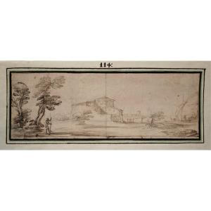 Ecole bolonaise du XVIIè. Paysage animé au bord de l'eau.