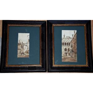 Venetian School, Circa 1800. View Of A Palace, And A Well In A Courtyard. A Pair.