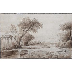Ecole française, vers 1700. Paysage fluvial avec ruines.