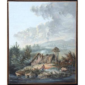 French School, Circa 1800.cottage By A Lake.