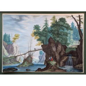 Ecole du Nord, vers 1800. Paysage en forêt avec un pont surplombant un rivière.