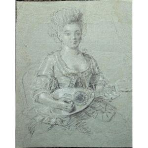 French School Of The 18th Century. Woman Playing The Mandolin.