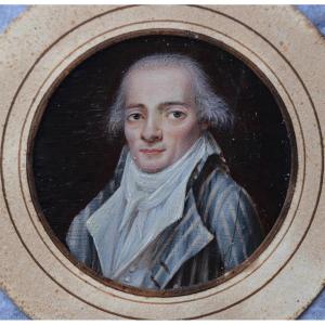 Gouache On Ivory. Portrait Of A Man In A Striped Suit. Diameter: 5 Cm.