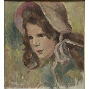 Belgian School, Early 20th Century. Portrait Of A Girl Wearing A Pink Hat.
