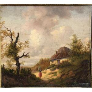 Ecole du Nord, début XIXè. Paysage à l'arbre, animé d'une paysanne, une chaumière à droite.