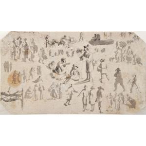 Ecole hollandaise, vers 1700. Feuilles d'étude de personnages.