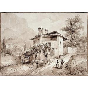 19th-century French School. Hikers On A Mountain Trail.
