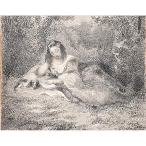 Ecole romantique, vers 1830. Une femme lisant dans la forêt, au bord de l'eau.