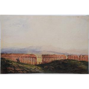 Grand Tour, XIXè. Vue animée de l'acqueduc de Claude.