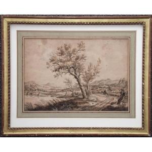 Ecole hollandaise, vers 1800. Paysage à l'arbre, animé d'un cavalier.