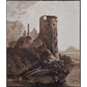 Ecole du Nord, vers 1800. Paysage avec une tour, des pêcheurs à l'avant-plan.