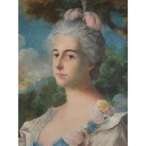 Ecole du XIXè. Portrait de dame aux roses.