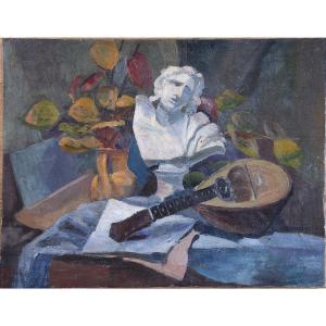 Ecole belge, vers 1930. Nature morte à la mandoline.