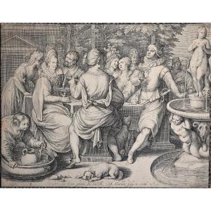 Jacob Matham 1571 - 1631. Le Fils prodigue dilapide son héritage dans les plaisirs de la table.