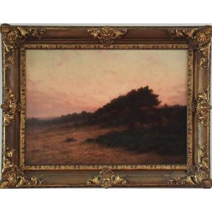 Richard Baseleer 1867-1951 . Crépuscule en Campine. Datée 1909. Grand format.