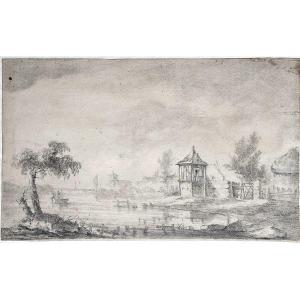 Dutch School, Late 18th Century. View Of A Lake Near A Dovecote.