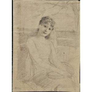 Robert Rössler 1864 - 1934. Portrait de jeune femme au tambourin et à la coiffe fleurie.