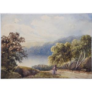 Ecole anglaise du XIXè. Promeneurs sur les hauteurs, près d'un lac.