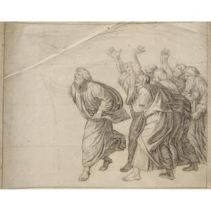Neoclassical French School. Moses Striking The Rock. Squared For Transfer.sketch For The Painting In The St-martin Church, Auxey-duresses,france