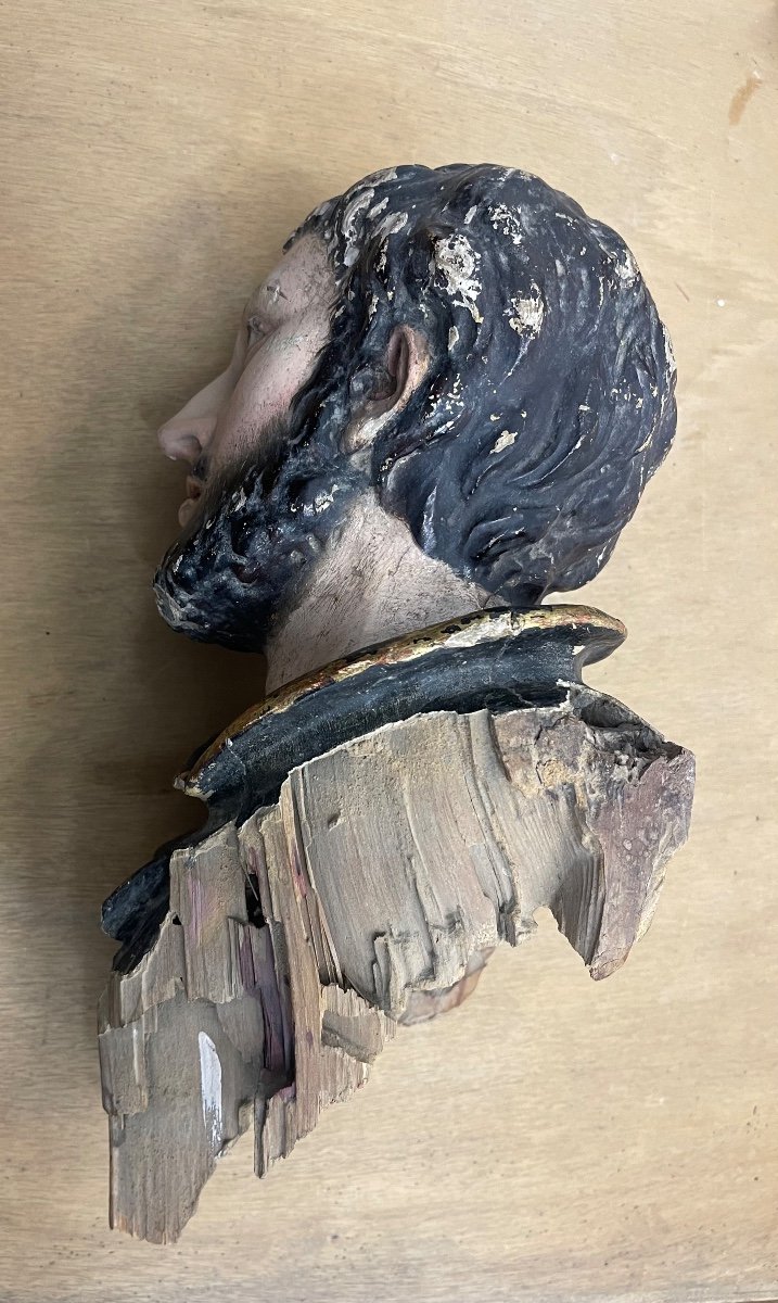Head Of Saint. Polychrome Wood Sculpture. Spain XVIIth Century. Masterpiece.-photo-3