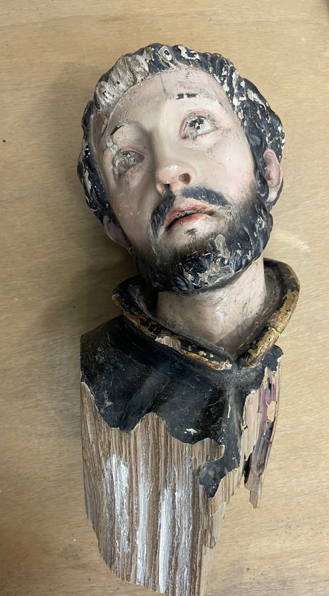 Head Of Saint. Polychrome Wood Sculpture. Spain XVIIth Century. Masterpiece.-photo-4