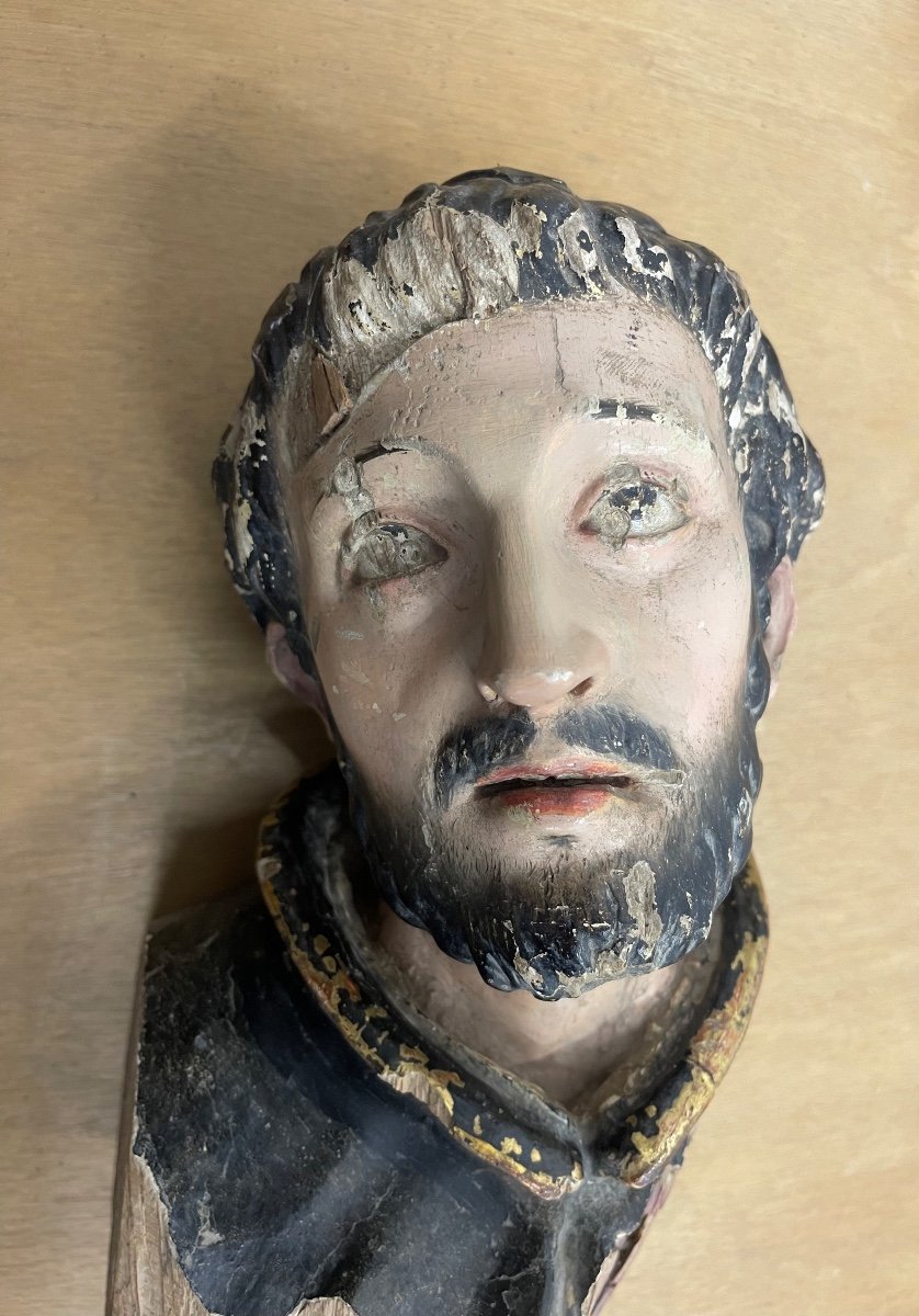 Head Of Saint. Polychrome Wood Sculpture. Spain XVIIth Century. Masterpiece.
