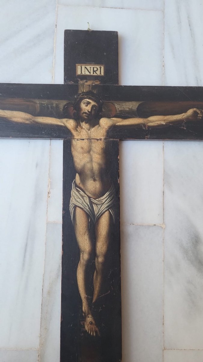 Painted Cross. Spanish School From The 17th Century. Clemente Or Josefa Sánchez. Museum Piece.-photo-3
