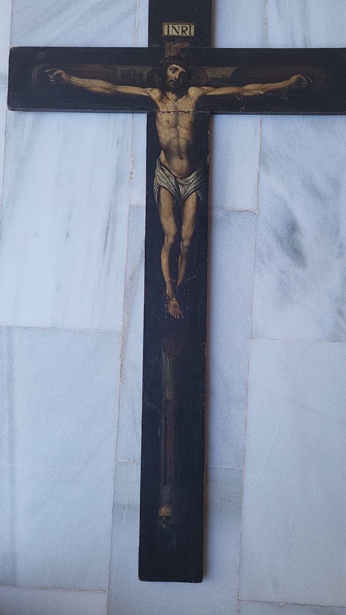 Painted Cross. Spanish School From The 17th Century. Clemente Or Josefa Sánchez. Museum Piece.