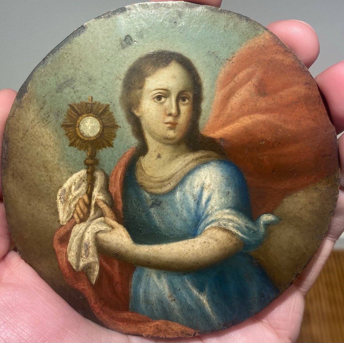 Lady With Guard. Oil On Copper. Spanish Or Mexican School Of The Seventeenth Century.