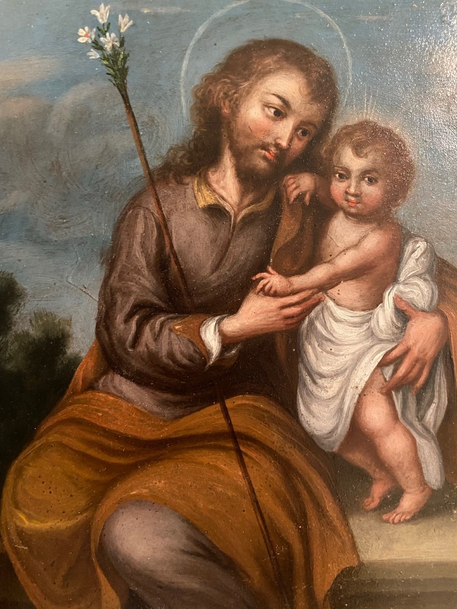 Saint Joseph With The Child. Oil On Copper. Spanish School. Seventeenth Century.-photo-2