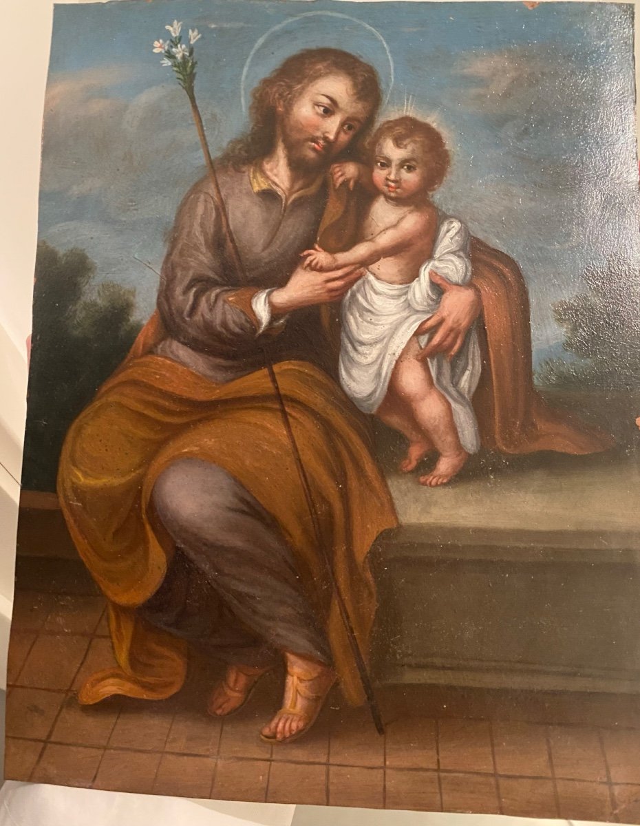 Saint Joseph With The Child. Oil On Copper. Spanish School. Seventeenth Century.