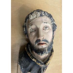 Head Of Saint. Polychrome Wood Sculpture. Spain XVIIth Century. Masterpiece.