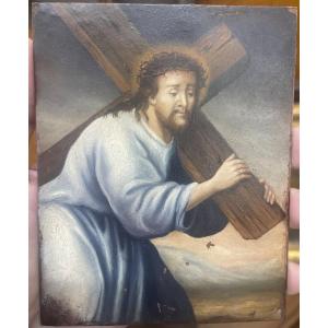 Christ With The Cross. Oil On Copper. French School From The 18th Century.