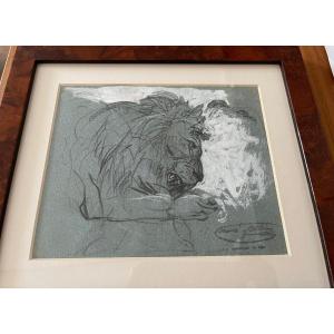 Ramon Martí Alsina (1826-1894). Lion. Pencil And Gouache. Animalism.