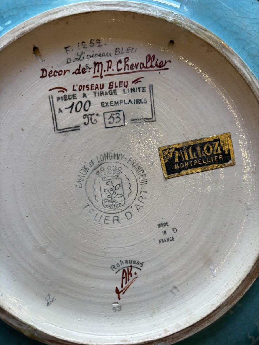 Large Deep Dish Made Of Longwy Enamel, *the Blue Bird*, With A Chinese-style Design By Maurice Paul Chevallier-photo-2