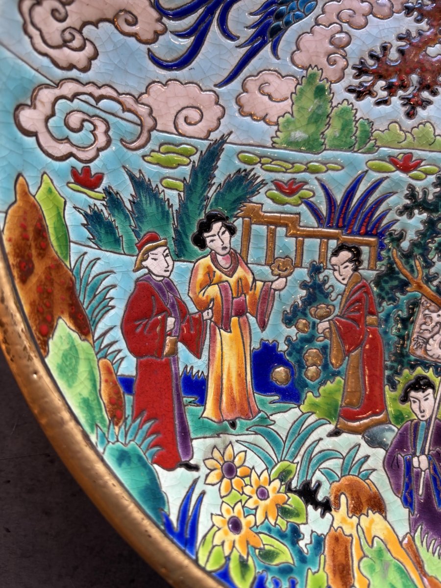 Large Deep Dish Made Of Longwy Enamel, *the Blue Bird*, With A Chinese-style Design By Maurice Paul Chevallier-photo-3