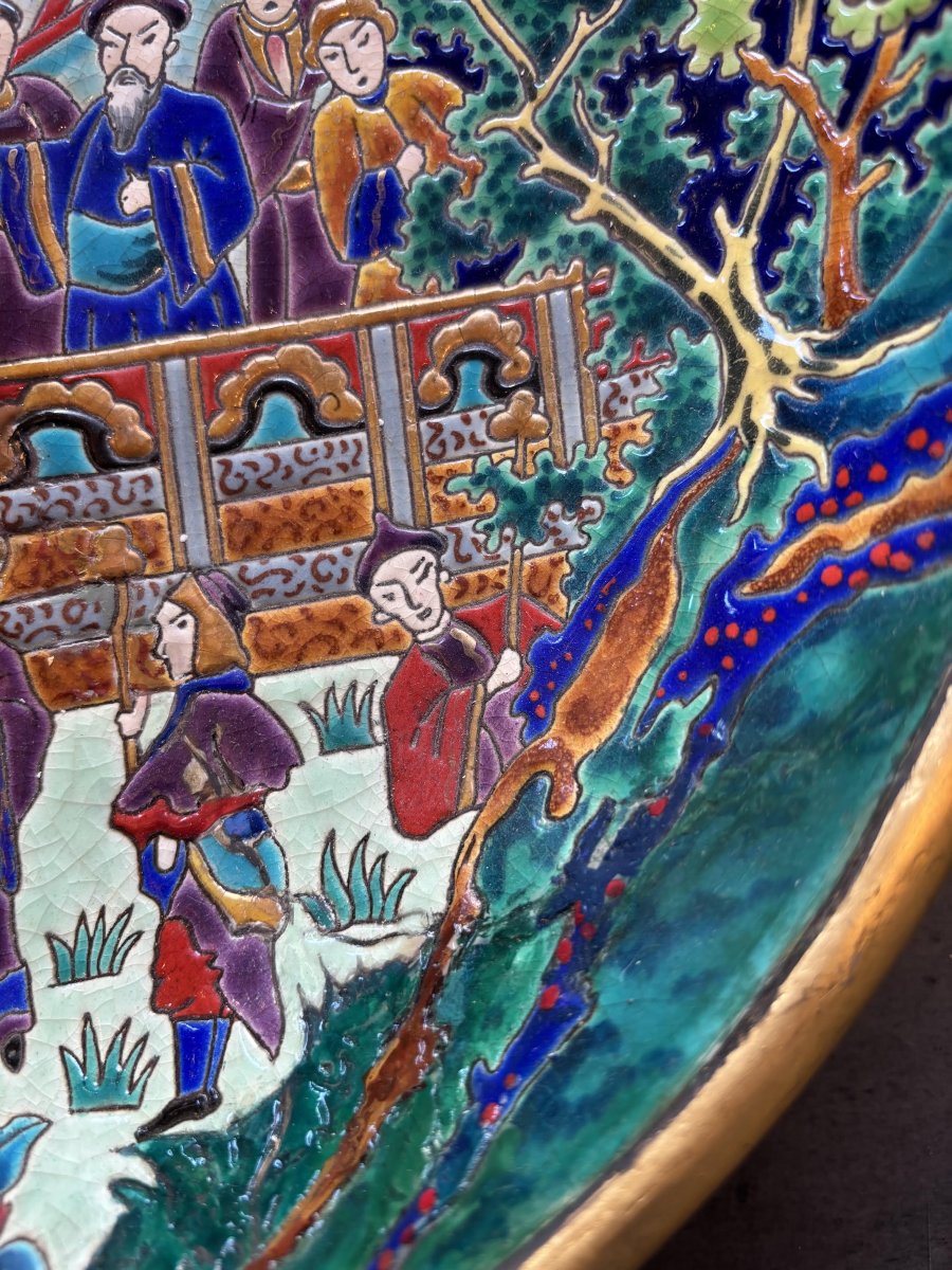 Large Deep Dish Made Of Longwy Enamel, *the Blue Bird*, With A Chinese-style Design By Maurice Paul Chevallier-photo-4