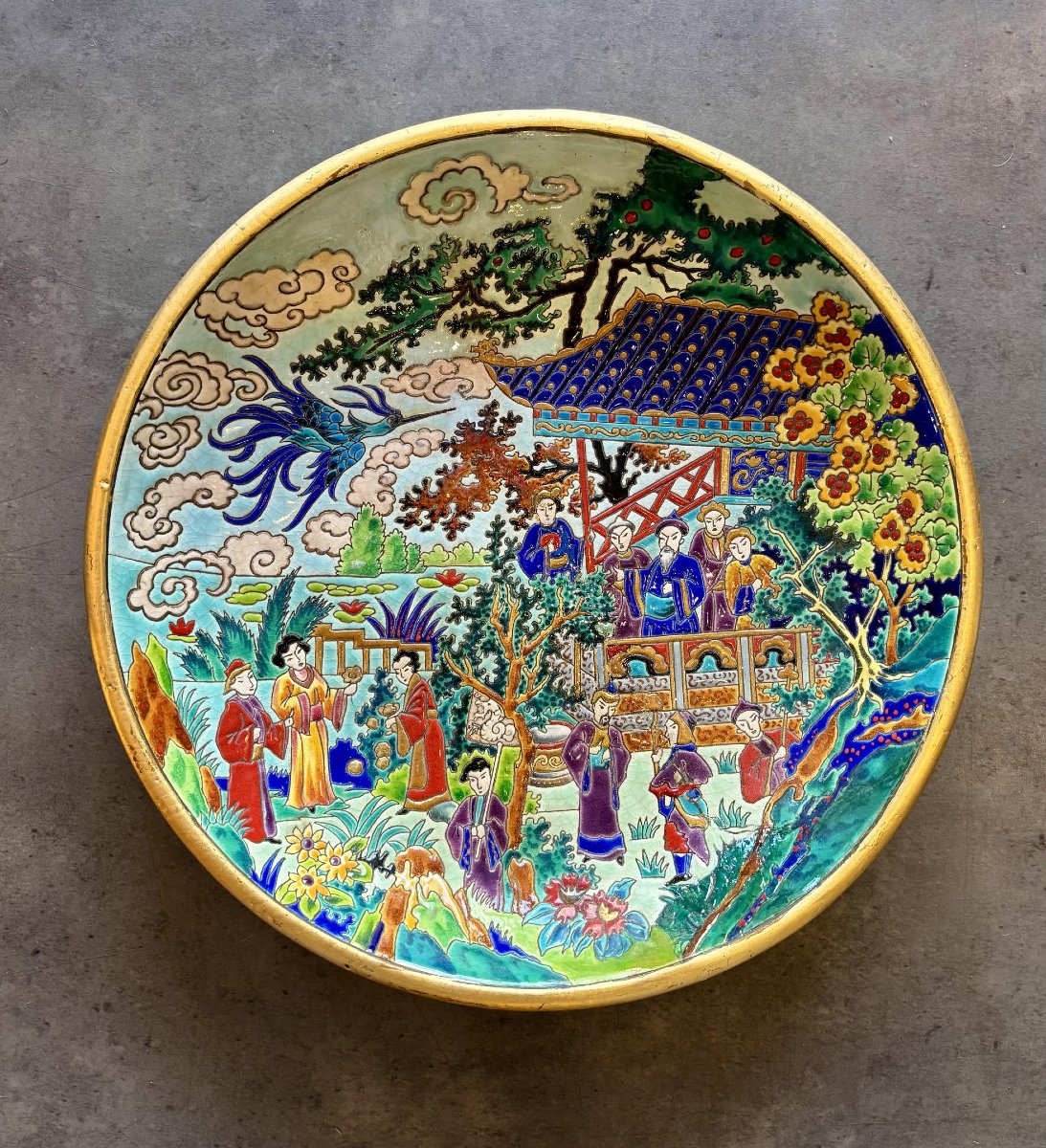 Large Deep Dish Made Of Longwy Enamel, *the Blue Bird*, With A Chinese-style Design By Maurice Paul Chevallier