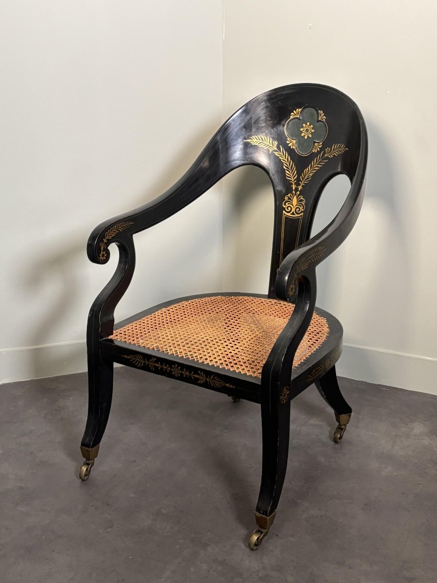 English Gondola Wicker Armchair, Circa 1820