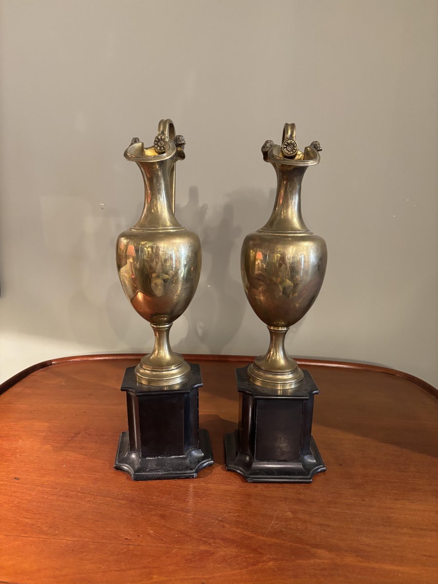 Pair Of Gilded Bronze Pitchers On Black Belgian Marble, 19th Century-photo-3