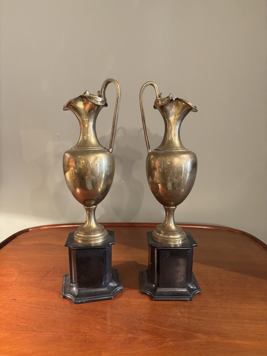 Pair Of Gilded Bronze Pitchers On Black Belgian Marble, 19th Century-photo-4