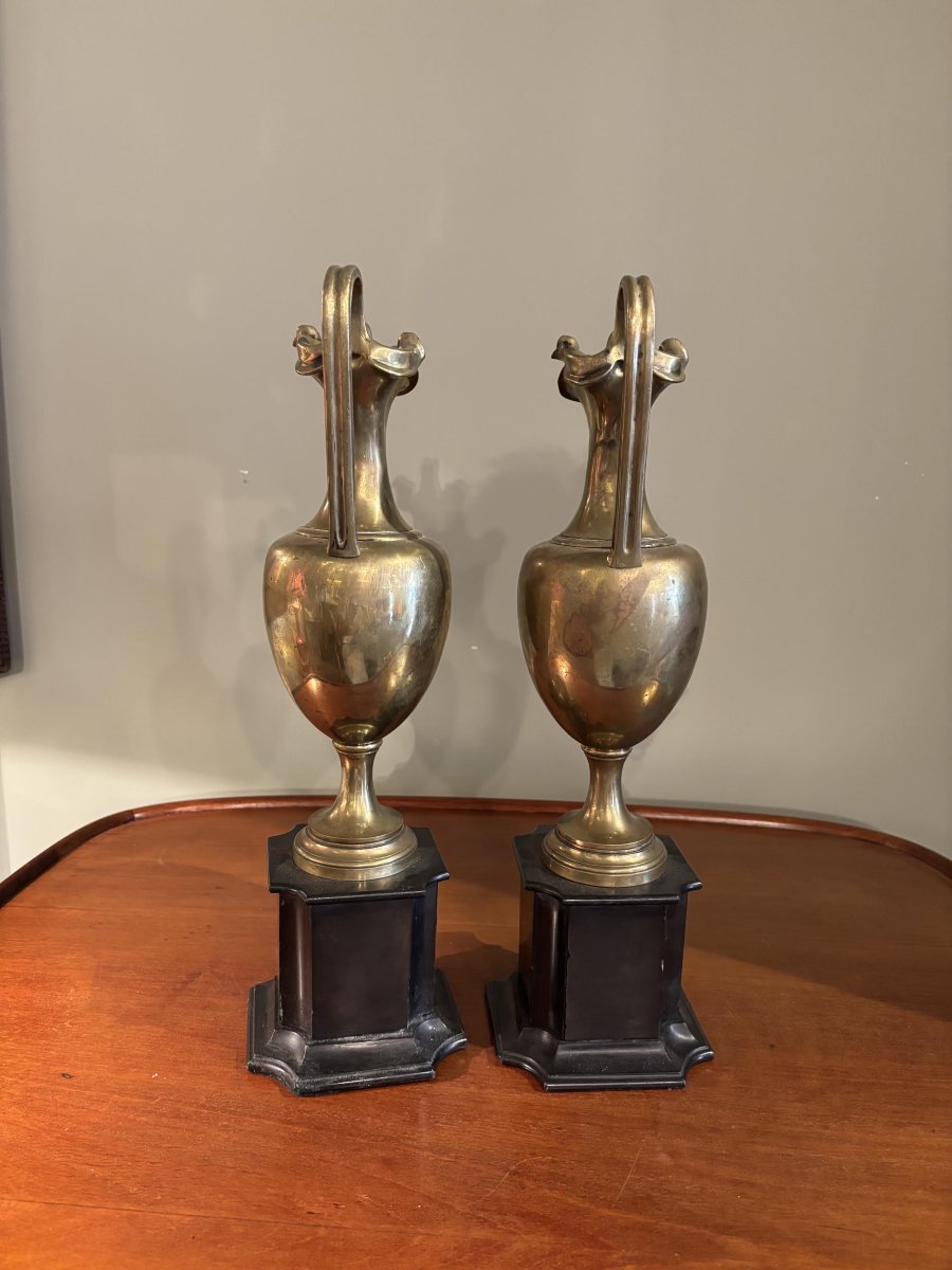 Pair Of Gilded Bronze Pitchers On Black Belgian Marble, 19th Century-photo-1