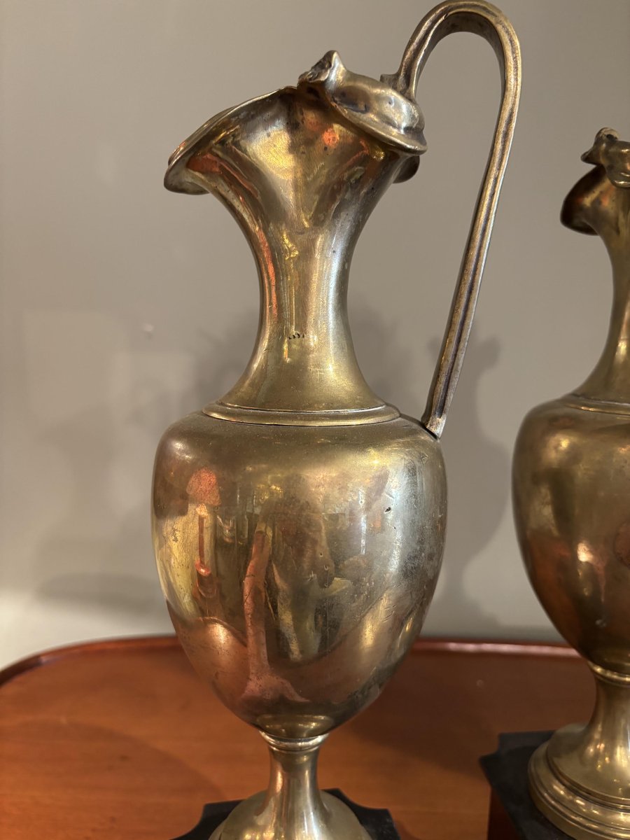 Pair Of Gilded Bronze Pitchers On Black Belgian Marble, 19th Century-photo-3