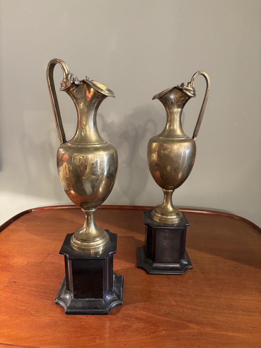 Pair Of Gilded Bronze Pitchers On Black Belgian Marble, 19th Century