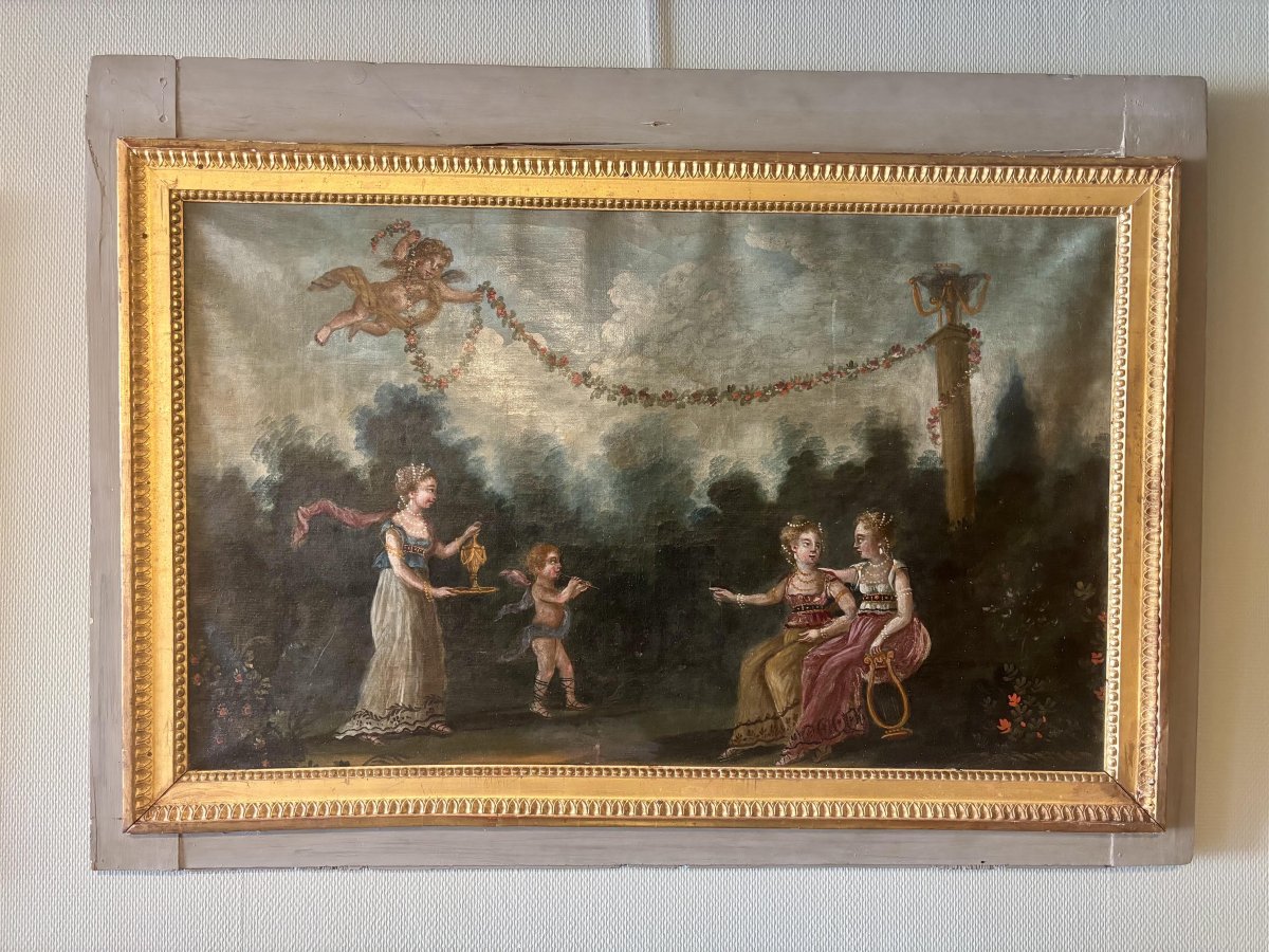 Paire de Hauts de porte,  scène champêtre, huile sur toile Italie XVIIIe siècle-photo-2