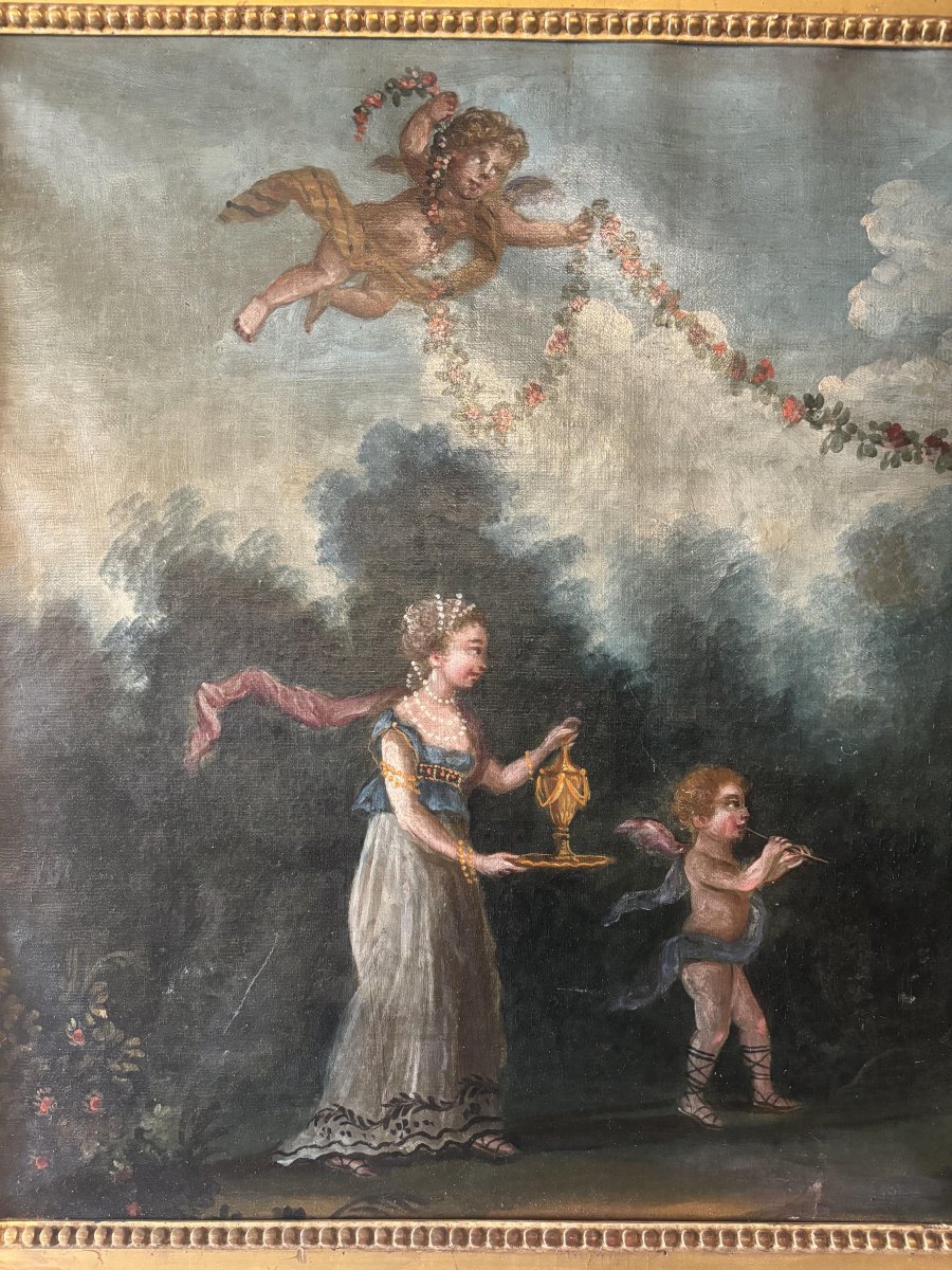Paire de Hauts de porte,  scène champêtre, huile sur toile Italie XVIIIe siècle-photo-2