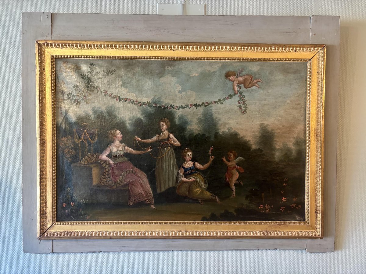 Paire de Hauts de porte,  scène champêtre, huile sur toile Italie XVIIIe siècle