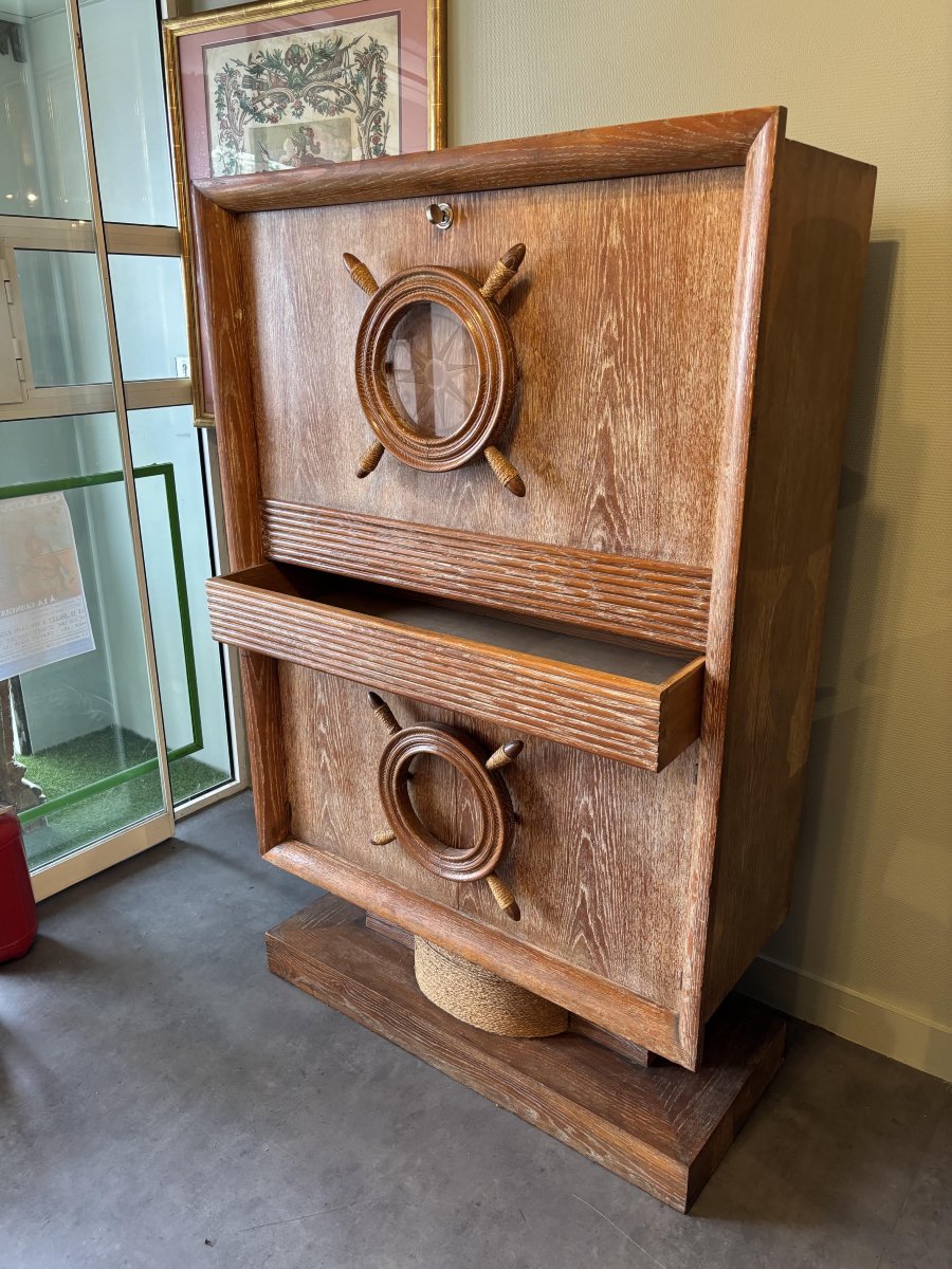 Bar Cabinet Made Of Rope And Whitewashed Oak, By Adrien Audoux And Frida Minet, France, 1940s.-photo-4